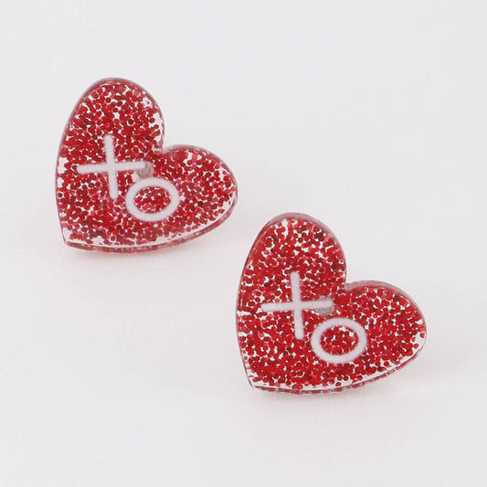 XO Red Glitter Heart Stud Earrings