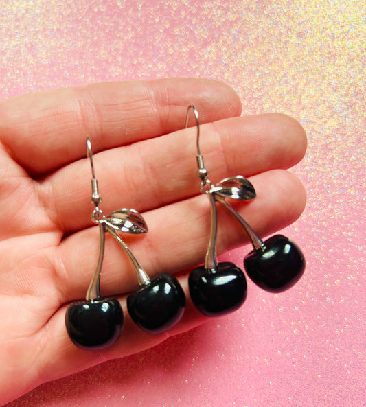 Black Cherry Earrings with silver stems