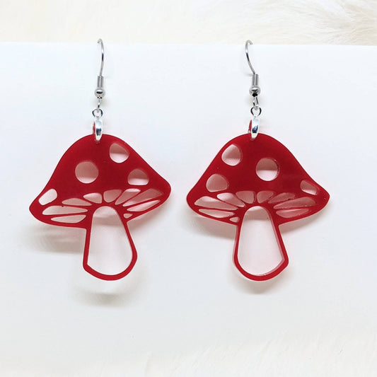 red acrylic mushroom earrings front