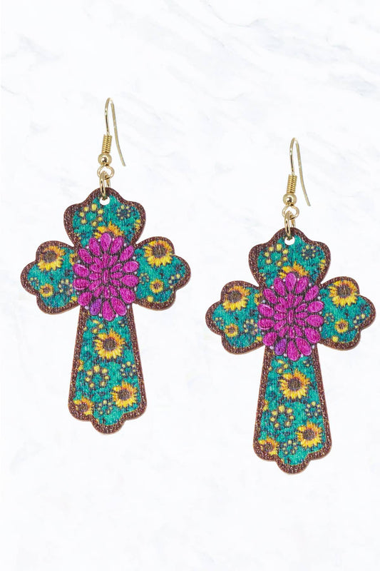 Wooden Western Cross Flower Earrings