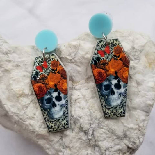 Floral Skull Coffin Earrings